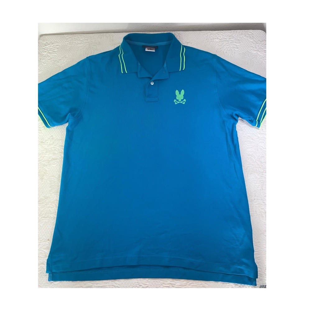 Psycho Bunny Mens Blue Pima Cotton Polo Shirt Lime Green‎ Logo Size 7 XL/XXL